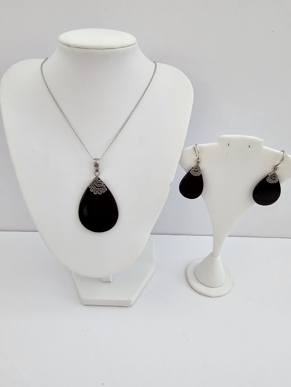 ATI Indonesia .925 Sterling Silver Brown Obsidian Teardrop Necklace & Earrings